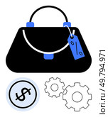 Handbag with dangling price tag, dollar sign inside a circle, and three gears. Ideal for shopping, retail, commerce, finance, marketing budgeting e-commerce themes. Line metaphor. Handbag with Price Tag and Dollar Sign Wheels Representing Shopping and Financial Management. Стоковая иллюстрация, агентство Ingram Publishing / Фотобанк Лори