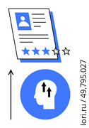 Resume with stars silhouette head with upward arrows upward arrow. Ideal for career growth, skill enhancement, personal development, motivation, job search, performance evaluation, progress. Line. Enhancing Personal Growth and Career Advancement through Skill Development. Стоковая иллюстрация, агентство Ingram Publishing / Фотобанк Лори
