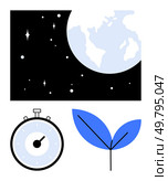 Stars in the night sky with Earth a stopwatch and a blue plant leaf symbolize time growth, and nature. Ideal for sustainability, innovation, cosmos, science, ecology, environment, new beginnings. Space, Growth and Time Stars, Planet Earth, Stopwatch and Plant in Minimalist Art. Стоковая иллюстрация, агентство Ingram Publishing / Фотобанк Лори