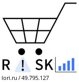 Shopping cart above RISK text, exclamation mark, and rising bar graph emphasize market and shopping hazards. Ideal for financial analysis, business strategy, e-commerce challenges, consumer risk. Shopping cart with RISK text, exclamation mark, and increasing bar graph highlighting potential financial danger. Стоковая иллюстрация, агентство Ingram Publishing / Фотобанк Лори