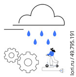 Woman riding electric scooter, large cloud with raindrops above, two gear cogs and charging plug nearby. Ideal for weather, transportation, eco-friendly commute, energy conservation, maintenance. Woman Riding Electric Scooter, Cloud with Rain Drops, Gear Cogs and Charging Plug. Стоковая иллюстрация, агентство Ingram Publishing / Фотобанк Лори
