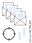 Envelopes arranged in a row with letters inside, a black target icon, and blue arrows pointing up and down. Ideal for communication, email marketing, mailing lists, contact management, messaging. Multiple envelopes with letters, target icon, and blue arrows indicating communication and focus. Стоковая иллюстрация, агентство Ingram Publishing / Фотобанк Лори