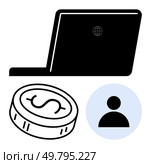 Black laptop, dollar coin, and blue circle with user icon suggesting online business activities or financial operations. Ideal for e-commerce, online banking, digital marketing, fintech, remote work. Laptop, Dollar Coin, and User Icon Representing Online Business and Financial Interaction. Стоковая иллюстрация, агентство Ingram Publishing / Фотобанк Лори