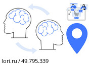 Human brains connected by arrows, indicating idea exchange. Tablet with shopping cart for e-commerce, map pin icon for location. Ideal for business, brainstorming, e-commerce, marketing. Visualizing Brainstorming, E-Commerce, and Location Insights with Effective Business Strategies. Стоковая иллюстрация, агентство Ingram Publishing / Фотобанк Лори