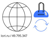 Planetary grid, blue handbag with tag, and circular arrows indicating renewal. Ideal for global shopping, sustainability, e-commerce, fashion industry, product lifecycle, environmental awareness. Planetary Grid, Blue Handbag, and Circular Arrows Representing Global E-commerce and Sustainability. Стоковая иллюстрация, агентство Ingram Publishing / Фотобанк Лори