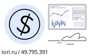 Dollar sign within a circle, financial graph, and cloud symbol. Ideal for financial analysis, business strategy, economic forecasts, fiscal reports, stock market, strategic planning, data. Dollar sign with financial graphs and cloud icon representing monetary analysis and strategic planning. Стоковая иллюстрация, агентство Ingram Publishing / Фотобанк Лори