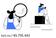 Individual in blue overalls using magnifying glass, another person reading on tablet. Ideal for self-reflection, technology use, study, leisure, mindfulness, information gathering, self-awareness. Person examining oneself with a magnifying glass followed by individual reading on tablet. Стоковая иллюстрация, агентство Ingram Publishing / Фотобанк Лори