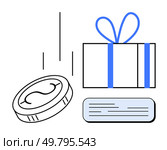 Coin and wrapped gift with blue ribbon alongside a text paragraph. Ideal for finance, rewards, gifting, spending, saving, incentives, promotions. Line metaphor. Financial concept with coin, wrapped gift, and text paragraph. Стоковая иллюстрация, агентство Ingram Publishing / Фотобанк Лори