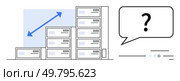 Server racks ascending in size with upward arrow indicating growth. Speech bubble with question mark suggesting inquiry or problem-solving. Ideal for IT, data growth, queries, storage solutions. Data storage growth represented by server racks with rising arrow and query speech bubble. Стоковая иллюстрация, агентство Ingram Publishing / Фотобанк Лори