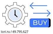 Gear with clock inside beside blue buy button with left and right pointing arrows. Ideal for business strategies, time management, e-commerce, decisions, productivity, automation, workflows. Line. Gear Clock and Buy Button with Opposite Arrows Symbolizing Time Management and Transaction Decisions. Стоковая иллюстрация, агентство Ingram Publishing / Фотобанк Лори