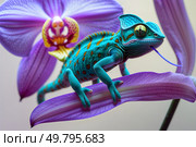 A colorful chameleon slowly and purposefully crawls over the delicate velvety petals of a majestic purple orchid. Стоковое AI-изображение, AI-художник Александр Поташев / Фотобанк Лори