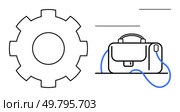 Gear icon denotes settings and configurations, while adjacent briefcase symbolizes business and project management. Ideal for business, productivity, management, startups, workplace, technology. Gear representing settings and briefcase symbolizing work, projects, and business collaboration. Стоковая иллюстрация, агентство Ingram Publishing / Фотобанк Лори