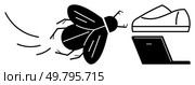 Fly buzzing around modern flat shoes and a laptop. Themes distractions, workspace, productivity issues, nature disrupting work, insect inconvenience, focus challenges, work environment dynamics. Line. Fly buzzing around modern flat shoes and a laptop suggesting distraction in workspace. Стоковая иллюстрация, агентство Ingram Publishing / Фотобанк Лори