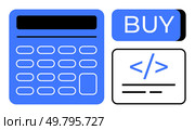 Detailed calculator alongside a bold BUY button and HTML code snippet. Ideal for e-commerce, website development, financial tools, programming tutorials, online transactions, educational material. Digital Calculator with Buy Button and Code Snippet for E-commerce and Web Development. Стоковая иллюстрация, агентство Ingram Publishing / Фотобанк Лори