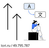 Woman sitting on block using smartphone, translating between English and Chinese characters. Ideal for technology, education, language learning, progress, growth, translation globalization. Line. Person Using Smartphone for Language Translation with Upward Arrows Indicating Progress and Growth. Стоковая иллюстрация, агентство Ingram Publishing / Фотобанк Лори