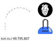 Anatomical heart inside black circle, dotted line arching toward blue handbag with price tag. Ideal for medical themes, fashion, commerce, marketing, connection concepts, contrast in objects. Dotted Line Connecting Anatomical Heart and Blue Handbag with Price Tag. Стоковая иллюстрация, агентство Ingram Publishing / Фотобанк Лори