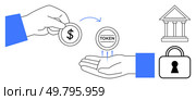 Hands exchanging a dollar coin for a token bank building and padlock icons. Ideal for finance, banking, digital currency, transactions, security, investments, fintech. Line metaphor. Hand swapping dollar coin for token with banking and security icons symbolizing financial transactions. Стоковая иллюстрация, агентство Ingram Publishing / Фотобанк Лори