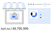 Shop front with striped awning and shopping bag, connected to analytics dashboard displaying pie charts and lists. Ideal for e-commerce, sales reporting, retail management, business strategy. E-commerce storefront with sales data analytics dashboard for business performance insights. Стоковая иллюстрация, агентство Ingram Publishing / Фотобанк Лори