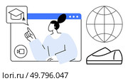 Person pointing in a video call window, graduation cap icon, globe, and book. Ideal for online learning, virtual classrooms, distance education, e-learning platforms, global education, remote. Online Education Concept with Person on Video Call, Graduation Cap Icon, Globe, and Book. Стоковая иллюстрация, агентство Ingram Publishing / Фотобанк Лори