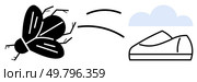 Fly being swatted by a shoe, symbolizing eradication of nuisances. Ideal for pest control, irritation, quick solutions, conflict resolution, simplicity concept, cleanliness promotion, household tips. Fly being swatted by a shoe, depicting the concept of dealing with annoyance effectively. Стоковая иллюстрация, агентство Ingram Publishing / Фотобанк Лори
