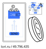 Mobile phone interface sending Bitcoin, Euro, and Dollar using digital wallet. Shopping basket with goods, payment process, credit card, cashback, percentage cloud. Ideal for e-commerce digital. Mobile Wallet Sending Money with Digital Currency Symbols and Online Shopping Concept. Стоковая иллюстрация, агентство Ingram Publishing / Фотобанк Лори