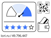 Rating gauge reaching near maximum level, QR code, five stars with one unlit, credit card and wallet. Ideal for customer satisfaction, reviews, finance, digital payments, marketing user feedback. Customer satisfaction meter nearing maximum with QR code and credit card in wallet. Стоковая иллюстрация, агентство Ingram Publishing / Фотобанк Лори