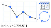 Business sales line graph with declining trend, online store dashboard mockup and refresh icon. Ideal for business analytics, e-commerce, economic trends, performance monitoring, data visualization. Business sales decline graph with trendline, online store dashboard and refresh icon. Стоковая иллюстрация, агентство Ingram Publishing / Фотобанк Лори