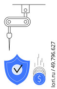 Robotic arm conducting precise operation, blue shield with check mark representing security, coins depicting financial growth. Ideal for industry, security, investment, automation, technology. Robotic Automation With Secure Transaction and Financial Growth Concepts. Стоковая иллюстрация, агентство Ingram Publishing / Фотобанк Лори