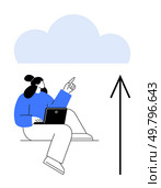 Man with laptop gesturing to cloud above, arrow pointing upward. Ideal for cloud computing, data storage, online services, IT infrastructure, digital transformation, internet connectivity, remote. Man sitting with laptop pointing to cloud, representing cloud computing and data storage concept. Стоковая иллюстрация, агентство Ingram Publishing / Фотобанк Лори