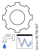 Gear symbolizing industrial mechanisms beside water tap with blue drop and fluctuating financial graph. Ideal for engineering, maintenance, water management, finance, industrial processes. Gear representing mechanisms with water tap and drop next to fluctuating financial graph. Стоковая иллюстрация, агентство Ingram Publishing / Фотобанк Лори