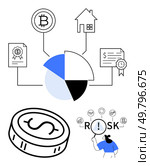 Pie chart with sections for cryptocurrency, real estate, and certificates. Large dollar coin illustration and a person analyzing risk with magnifying glass. Ideal for financial planning, investment. Financial Planning Concepts Illustrated with Pie Chart, Cryptocurrency, Real Estate, and Risk Analysis. Стоковая иллюстрация, агентство Ingram Publishing / Фотобанк Лори