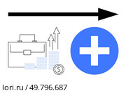 Briefcase, stacks of coins, rising graph, and plus sign indicate business growth, financial success, and forward momentum. Ideal for finance, business strategies, investment progress profitability. Business growth represented by briefcase, rising graph, and plus sign with directional arrow. Стоковая иллюстрация, агентство Ingram Publishing / Фотобанк Лори