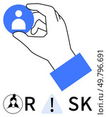 Hand selecting user profile icon. Below, female profile in circle, letters R and SK with triangle between. Ideal for HR, recruitment, decision-making, evaluation risk management warnings. Line. Hand Selecting User Profile Icon with Risk Warning Symbol Highlighting Decision-Making Process. Стоковая иллюстрация, агентство Ingram Publishing / Фотобанк Лори