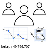 Three user icons line graph with data points, robot. Ideal for teamwork, digital analytics, AI integration, tech innovation, business strategies, productivity enhancement, modern workforce. Line. Team Collaboration with Digital Analysis and AI Integration for Enhanced Productivity. Стоковая иллюстрация, агентство Ingram Publishing / Фотобанк Лори