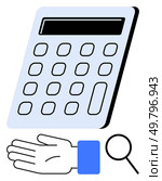 Calculator, hand, and magnifying glass. Ideal for accounting, calculation, analysis, financial management, assistance evaluation financial support Line metaphor. Calculator, Outstretched Hand, and Magnifying Glass Tools of Analysis and Assistance. Стоковая иллюстрация, агентство Ingram Publishing / Фотобанк Лори