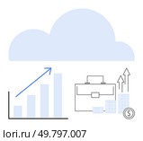 Growth chart with an upward arrow, cloud storage, briefcase, and stacks of coins and arrows to depict financial growth. Ideal for business, cloud computing, finance, data analysis, investment. Growth Chart with Cloud Storage, Briefcase, and Financial Stack Illustrating Business Success. Стоковая иллюстрация, агентство Ingram Publishing / Фотобанк Лори