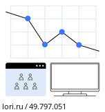 Business performance chart with declining trend, computer monitor, and user interface showing team icons. Ideal for data analysis, business reports, remote work, digital collaboration, online. Business performance chart with computer monitor and user interface depicting team collaboration. Стоковая иллюстрация, агентство Ingram Publishing / Фотобанк Лори