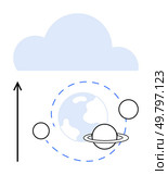 Cloud hovering above planets Earth arrow orbit. Ideal for exploration, imagination, technology, dreams, travel, innovation, inspiration Line metaphor. Exploring the Cosmos Journey Beyond the Cloud and Into the Universes Mysteries. Стоковая иллюстрация, агентство Ingram Publishing / Фотобанк Лори