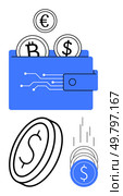 Blue digital wallet receiving cryptocurrency coins including euro, bitcoin, and dollar icons falling coins. Ideal for fintech, online banking, cryptocurrency, investment, digital transactions. Digital wallet with euro, bitcoin, and dollar coins representing cryptocurrency acceptance and financial technology. Стоковая иллюстрация, агентство Ingram Publishing / Фотобанк Лори