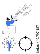 Cybersecurity expert deflecting DDoS attacks using a shield while surrounded by repair tools and target icons. Ideal for cybersecurity, IT support, threat mitigation, system protection, network. Cybersecurity Professional Defending Against DDoS Attacks with Shield and Repair Tools for System Protection. Стоковая иллюстрация, агентство Ingram Publishing / Фотобанк Лори