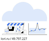 Laptop shop with online storefront delivery box graph under cloud. Ideal for e-commerce, cloud computing, data analysis, business growth, technology, online shopping, logistics. Line metaphor. E-Commerce Growth Cloud Solutions and Market Trends Analysis Visualization. Стоковая иллюстрация, агентство Ingram Publishing / Фотобанк Лори