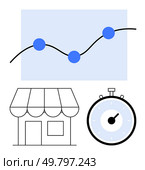 Chart with a rising line and blue points small shop building and stopwatch. Ideal for business, finance, retail, growth, time management, efficiency, planning. Line metaphor. Business Growth Market Trend Graph, Storefront, and Stopwatch Symbolizing Efficiency and Timing. Стоковая иллюстрация, агентство Ingram Publishing / Фотобанк Лори