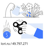 Hand watering flowers symbolizes growth, hand spinning fidget spinner for stress relief, coins dropping signify financial management. Ideal for finance, wellness, education, productivity, relaxation. Nurturing Growth, Managing Finances, and Reducing Stress Through Simple Daily Actions. Стоковая иллюстрация, агентство Ingram Publishing / Фотобанк Лори