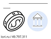 Coin with dollar symbol tilting towards a classical bank building in blue circle. Ideal for finance, banking, savings, investment, economy, currency, monetary topics. Line metaphor. Coin with Dollar Symbol and Bank Building Illustrating Financial Concepts. Стоковая иллюстрация, агентство Ingram Publishing / Фотобанк Лори