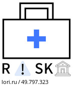 Briefcase with blue cross, exclamation point in a triangle, and bank building outline. Ideal for healthcare, finance, insurance, safety protocols, emergency planning medical risk strategy. Line. Healthcare Risk Management Concept with Briefcase, Blue Cross, Exclamation Point, and Bank Building. Стоковая иллюстрация, агентство Ingram Publishing / Фотобанк Лори