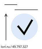 Arrow pointing upward and large check mark inside a blue circle. Ideal for growth, success, completion, progress, achievement, positivity, motivation. Line metaphor. Simplistic Design with Arrow and Check Mark for Success and Growth Concepts. Стоковая иллюстрация, агентство Ingram Publishing / Фотобанк Лори