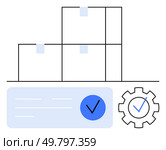 Stack of boxes on a platform, a checklist with a checkmark, and a gear symbol with a checkmark inside. Ideal for logistics, inventory control, quality assurance, project management, operational. Simplified Warehouse Inventory Management with Checkmarks, Boxes, and Gear Icons. Стоковая иллюстрация, агентство Ingram Publishing / Фотобанк Лори