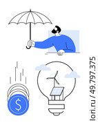 Man holding umbrella, stack of falling coins, light bulb with wind turbine, and solar panel. Ideal for financial security, green energy, sustainability, climate protection, renewable resources risk. Man Extending Umbrella, Coins Falling, Light Bulb with Solar Panel and Wind Turbine. Стоковая иллюстрация, агентство Ingram Publishing / Фотобанк Лори