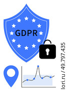 Blue shield with GDPR text stars secure lock location marker and line graph. Ideal for data protection, privacy, regulation, cybersecurity, analytics, EU law, and secure systems. Line metaphor. GDPR Compliance and Data Security Illustration with Shield, Lock, and Data Graph Elements. Стоковая иллюстрация, агентство Ingram Publishing / Фотобанк Лори