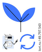 Leaf symbol, robot holding a pointer, and recycling arrows promoting eco-friendly tech and sustainability. Ideal for AI, green technology, eco solutions, automation, recycling, innovation. AI-Driven Sustainability Robotic Automation and Eco-friendly Solutions for a Greener Future. Стоковая иллюстрация, агентство Ingram Publishing / Фотобанк Лори